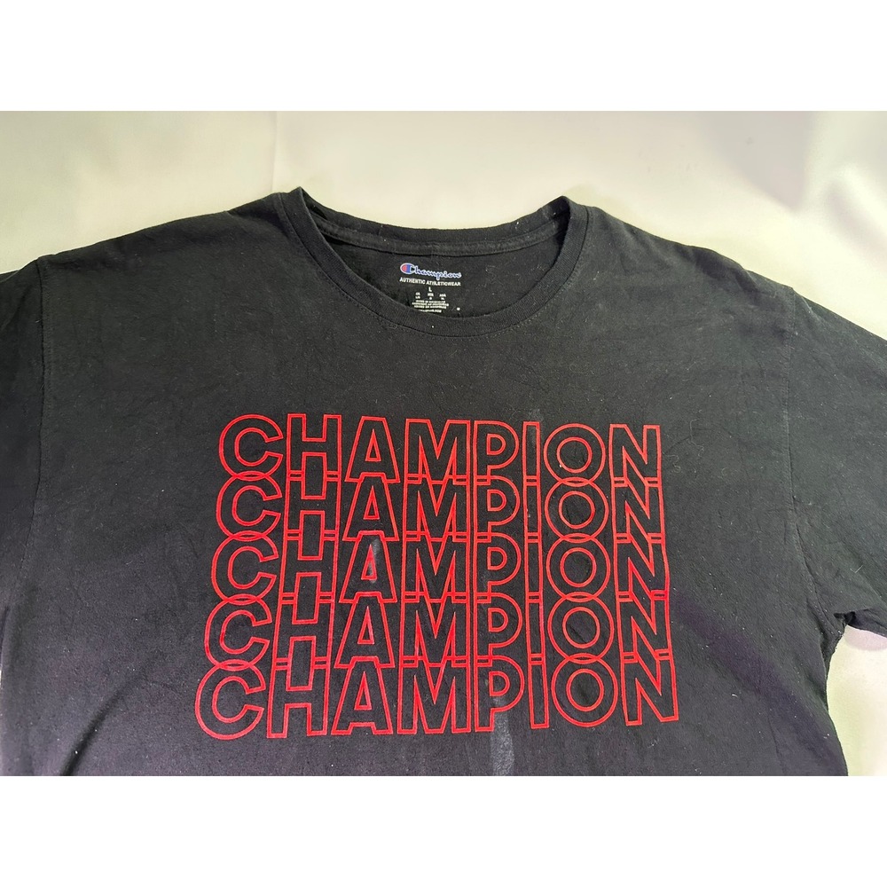 Champion Authentic T-Shirt Mens Large Black Red Stacked Script Logo Distressed